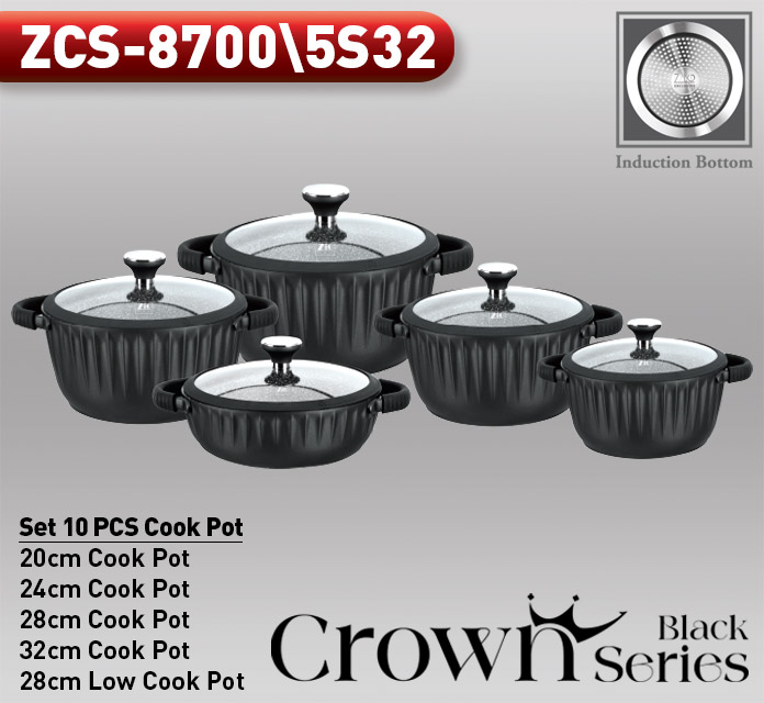 ZCS-8700-5S32 سرویس قابلمه ۱۰ پارچه زیو ترکیه مدل کرون Z-8700، رنگ مشکی و طوسی - Image 1